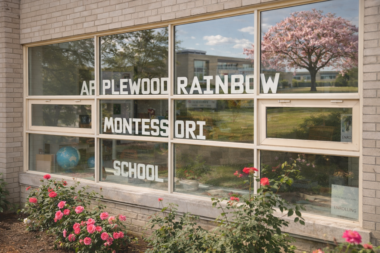 Applewood Rainbow Montessori School windows with spring flowers in front