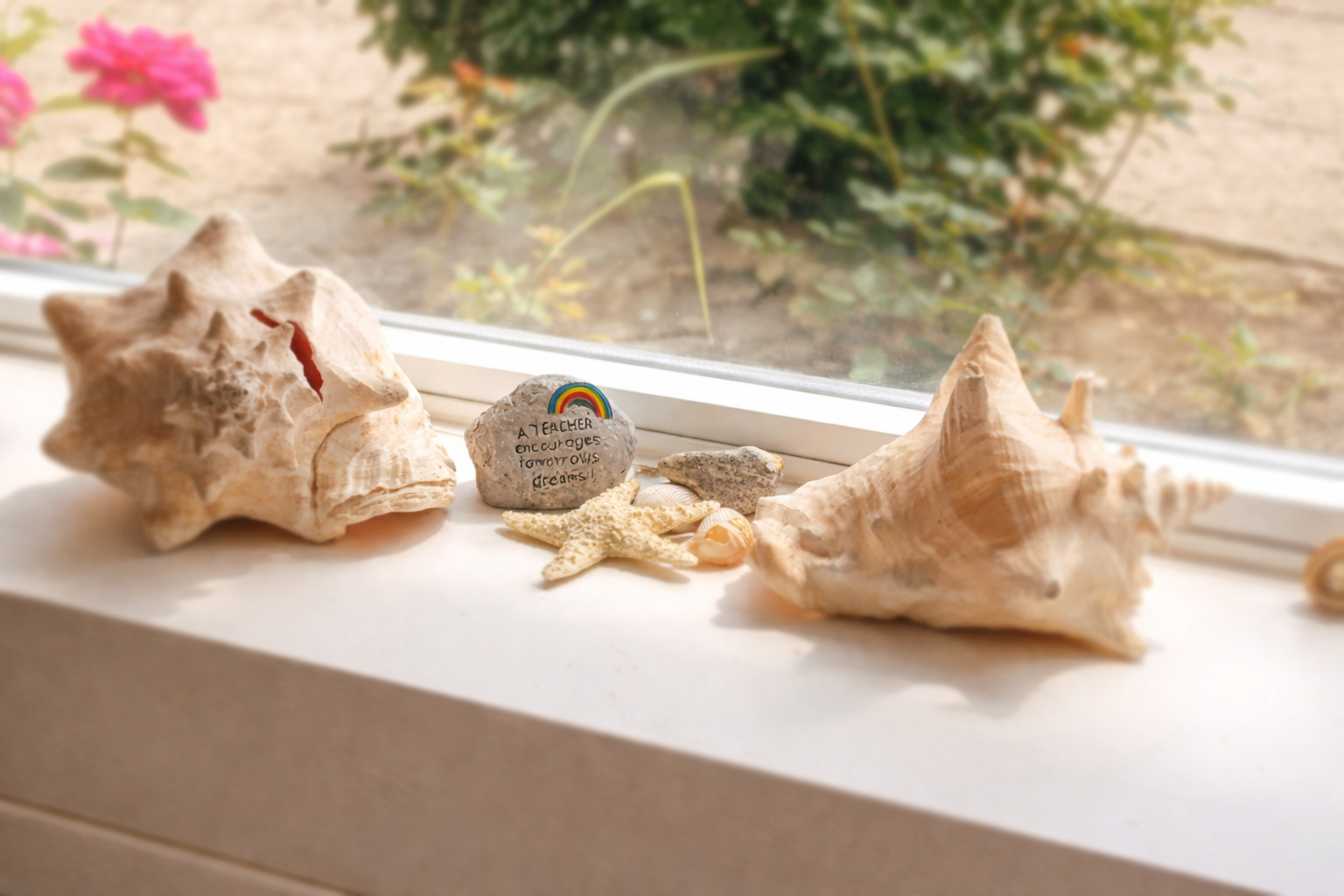 Conch shells and beach treasures arranged on a windowsill