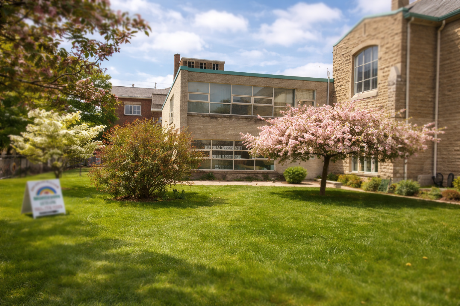 Applewood Rainbow Montessori School under a spring sky