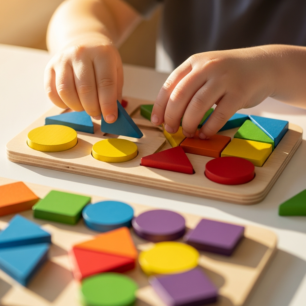 Child arranging geometric shapes